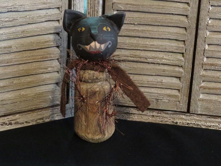 Paper Mache Smiling Cat on Antique Spindle Section