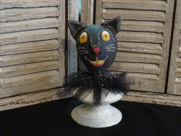 Paper Mache Cat on Antique Wooden Drawer Pull